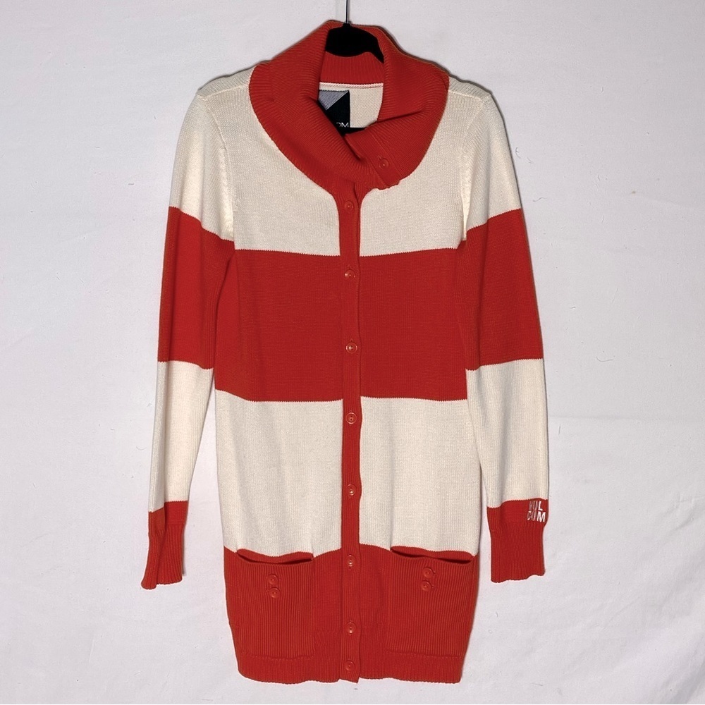 Volcom Ivory Orange Wide Stripes Long Button Up Cowl Neck Cotton Knit Cardigan M